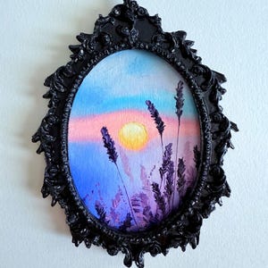 Landscape of sunset oil painting in Vintage Frame, Landscape Art Hand Painted, Original handmade small oil painting in Handmade Black Frame