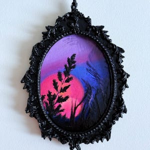 Paisaje al atardecer, pintura al óleo en marco vintage, arte paisajístico pintado a mano, pintura al óleo pequeña original hecha a mano en marco negro hecho a mano