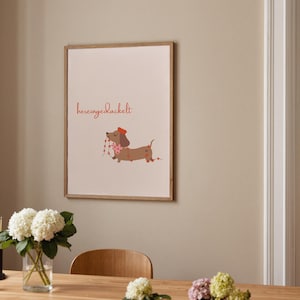 Póster rosa Hereingedackelt, arte mural divertido de perro salchicha, impresiones minimalistas, arte mural divertido, imagen romántica y dulce de perro salchicha.