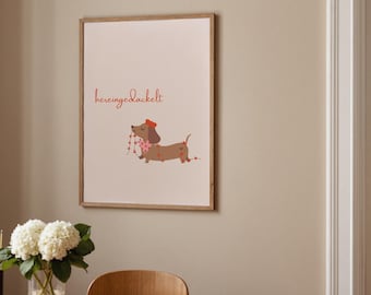 Affiche rose « Hereingedackelt », Décoration murale teckel amusante, Impressions minimalistes, Décoration murale ludique, Image romantique et adorable d'un teckel