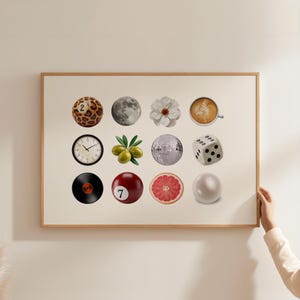 Retro aesthetic collage poster, leopard 8 ball print, vintage circles collage print, funky disco wall print, horizontal collage dorm room