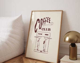 Coffee Club Poster - Minimalist, Coffee Machine Art Print, Funny Coffee Kitchen Poster, Line Art Coffee Lovers, Gift Idea for Baristas, Kitchen Corner
