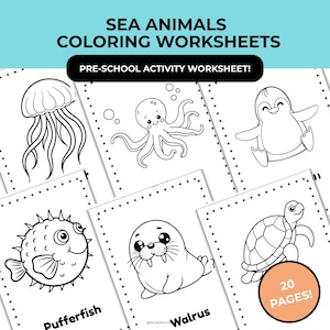 20-Page Sea Animal Printable Worksheet PDF | Ocean Animals Coloring Worksheet for Kids | Educational Activity for Toddlers & Preschoolers