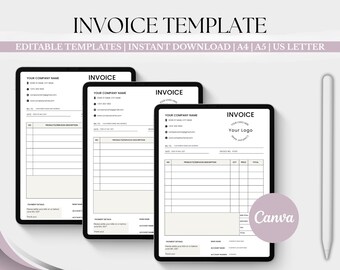 May include: Three digital invoice templates displayed on tablets, featuring a clean, minimalist design with sections for company details, product descriptions, and payment information. The text "INVOICE TEMPLATE" is at the top, with "EDITABLE TEMPLATES | INSTANT DOWNLOAD | A4 | A5 | US LETTER" below.