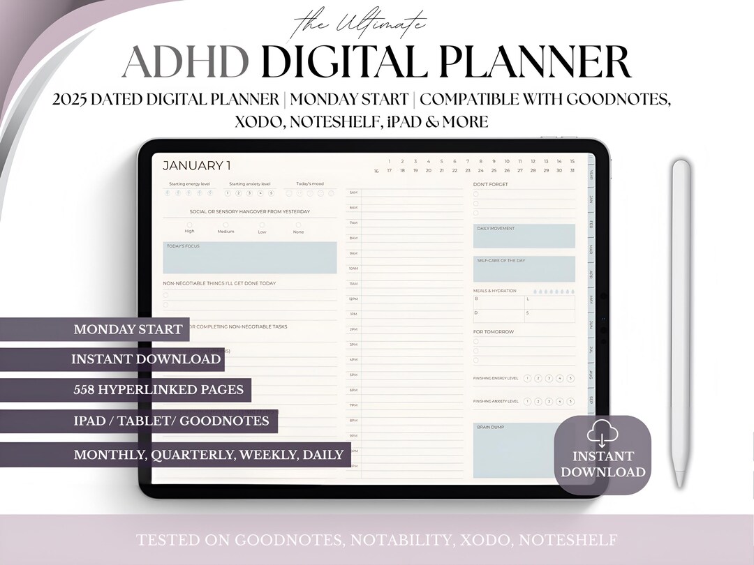 ADHD Digital Planner 2025, Hyperlinked iPad Android Planner (PDF) - Etsy