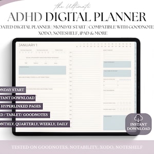 May include: A digital planner for ADHD, displayed on a tablet. The screen shows a January 1st daily layout with sections for energy levels and tasks. The planner is compatible with GoodNotes and other apps. Text includes "ADHD DIGITAL PLANNER" and "Instant Download."