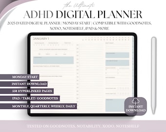 ADHD Digital Planner 2025, Hyperlinked iPad Android Planner (PDF)