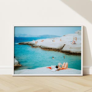 Sarakiniko Beach Photography Print | Sunbathers & Swimmers on Moon Beach | Minimalist Greek Island Wall Art