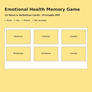 Jogo da Memória para Saúde Emocional | Cartões de Vocabulário SEL para Crianças | 15 Palavras e Definições | Download Digital em PDF