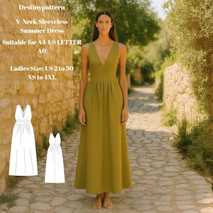 V-Neck Maxi Dress Sewing Pattern | Sleeveless Summer Dress PDF | All Fabric Types | DIY Dress with Pockets