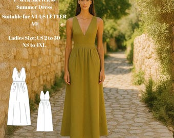 V-Neck Maxi Dress Sewing Pattern | Sleeveless Summer Dress PDF | All Fabric Types | DIY Dress with Pockets