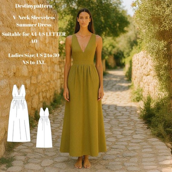 Women's V-neck Maxi Dress Sewing Pattern  Sleeveless Summer Dress With  Pockets (PDF Digital Download) - Etsy