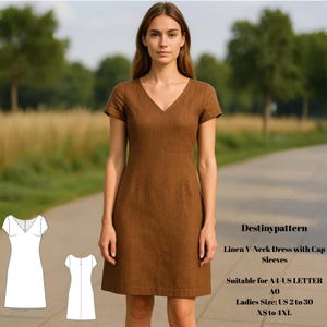 PDF Sewing Pattern – Linen V-Neck Dress with Cap Sleeves – Knee-Length Digital Dress Pattern – Easy Summer Dress – Earth Tone Design
