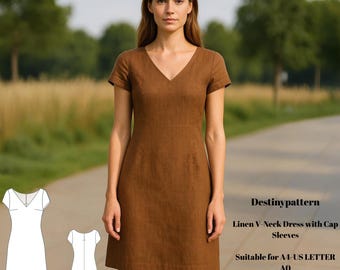 Linen V-Neck Dress Sewing Pattern: Cap Sleeves, Knee-Length (PDF Download)