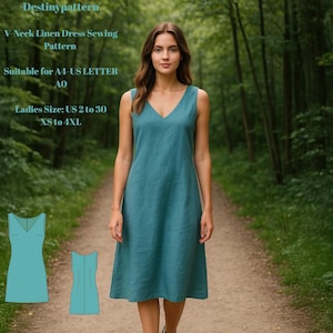 V-Neck Linen Dress Sewing Pattern - A-Line Summer Dress PDF - Sizes US2-30 (XS-4XL)