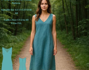 V-Neck Linen Dress Sewing Pattern - A-Line Summer Dress PDF - Sizes US2-30 (XS-4XL)