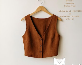 Patrón de costura para chaleco de lino: top corto sin mangas con botones delanteros para mujer (PDF, tallas XS-4XL)