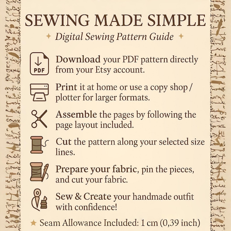 May include: A beige digital sewing pattern guide with instructions. Text includes "SEWING MADE SIMPLE" and steps: download PDF, print, assemble pages, cut pattern, prepare fabric, and sew. Seam allowance is 1 cm (0.39 inch).