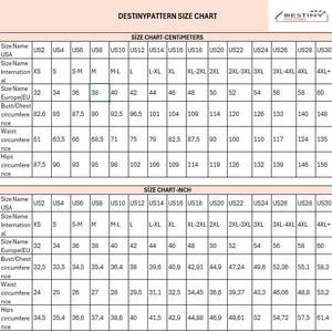 May include: A size chart from Destiny Pattern, with measurements in centimeters and inches. The chart includes sizes from XS to 4XL+, with bust, waist, and hip circumference measurements for each size. The chart is designed for clothing.