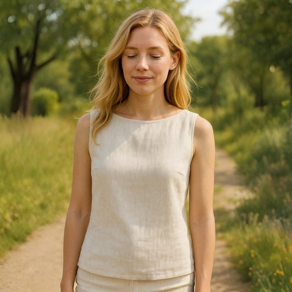 Linen Tank Top Sewing Pattern | Boat Neck Sleeveless Blouse PDF