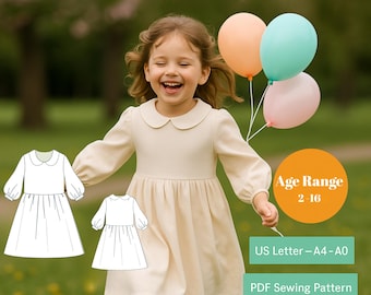 Patroon jurk meisjes verzamelde pdf | Peter Pan-kraag | Bisschopsmouw | Kindermaten