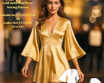 Gold Satin Mini Dress Sewing Pattern | V-Neck Flared Sleeve PDF