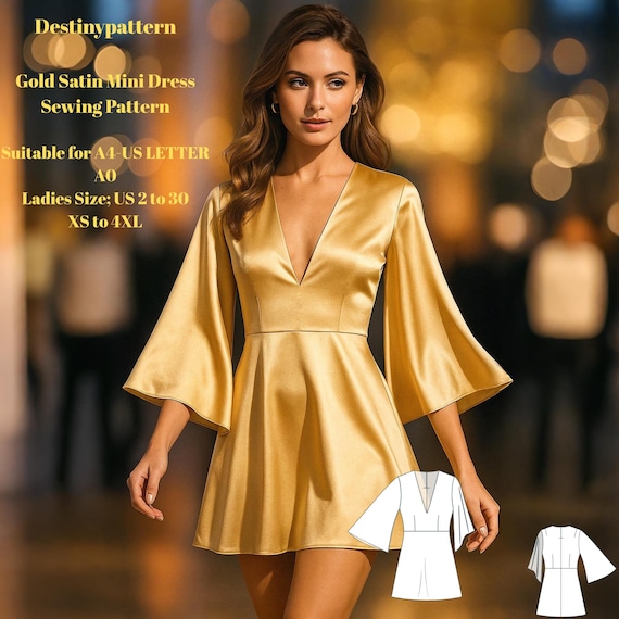 Gold Satin Mini Dress Sewing Pattern | V-neck Flared Sleeve PDF - Etsy Gold Satin Mini Dress Sewing Pattern | V-neck Flared Sleeve PDF - Etsy