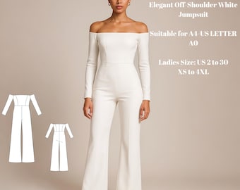 Elegant Off-Shoulder White Jumpsuit – Long Sleeve Wide Leg One Piece – Bridal, Evening, or Party Outfit Digital Download