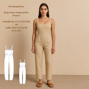 Linen Jumpsuit Pattern PDF | Wide Strap Romper | Beige Summer Outfit | XS-4XL