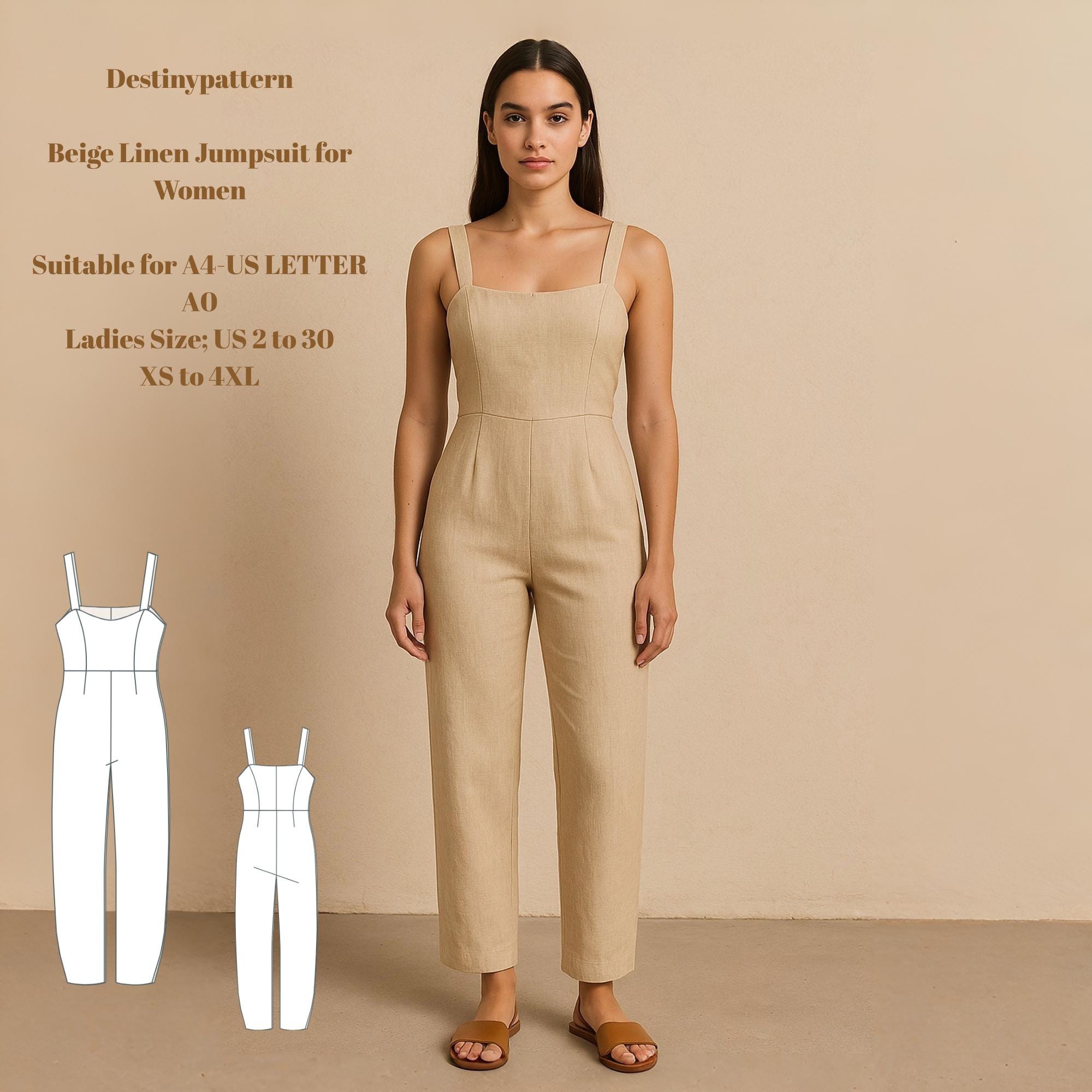 Digital Sewing Pattern – Beige Linen Jumpsuit for Women – Wide Strap Summer Romper PDF – Minimalist One Piece DIY Outfit