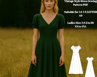 Patrón de vestido vintage con mangas abullonadas en PDF / Cuello en V, costura princesa, largo midi / Espalda con botones / Tallas XS-4XL