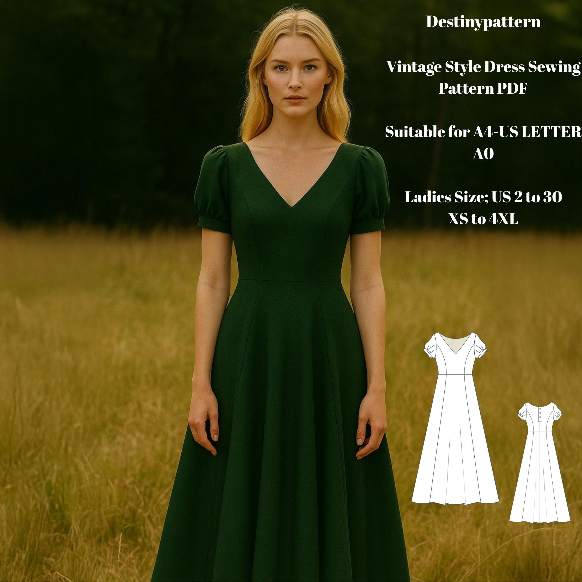 green dress pattern Vintage Puff Sleeve PDF | V Neck Princess Seam Midi | Button Back | XS-4XL season=Evergreen