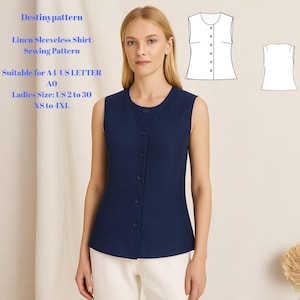 Op de afbeelding: Een vrouw draagt een marineblauw mouwloos shirt met een knoopsluiting. De afbeelding bevat een naaipatroon en de tekst "Destinypattern Linen Sleeveless Shirt Sewing Pattern Suitable for A4-US LETTER AO Ladies Size: US 2 to 30 XS to 4XL."
