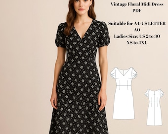 Digital Sewing Pattern – Vintage Floral Midi Dress PDF – V-Neck, Short Sleeves, A-Line