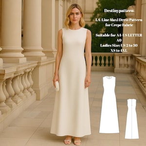 Puede incluir: Un vestido maxi sin mangas de color crema. El vestido se combina con sandalias a juego y un pequeño bolso de mano. La imagen incluye el texto "Destinypattern LA-Line Maxi Dress Pattern for Crepe Fabric". El patrón del vestido es adecuado para tallas US 2 a 30 y XS a 4XL.