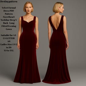 May include: A burgundy velvet formal evening gown with a sweetheart neckline and deep V back. The dress is floor-length and fitted, with a subtle flare at the hem. The image also includes text that says "Destinypattern" and details about the dress pattern.