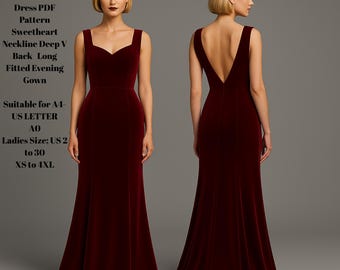 Patrón PDF de vestido formal de terciopelo / Escote corazón / Espalda en V profunda / Vestido de noche largo y ajustado