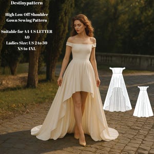 Op de afbeelding: Off-white off-shoulder jurk met een hoge-lage zoom. De jurk heeft een getailleerd lijfje en een zwierige rok, korter aan de voorkant en uitlopend in een sleep aan de achterkant. Naaipatronen zijn ook inbegrepen. Tekst op de afbeelding: "Destinypattern, Naaipatroon voor off-shoulder jurk, Damesmaat: US 2 tot 30, XS tot 4XL."