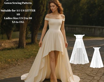 Patrón de costura para vestido de noche con hombros descubiertos: Vestido de corte princesa alto-bajo (patrón PDF)