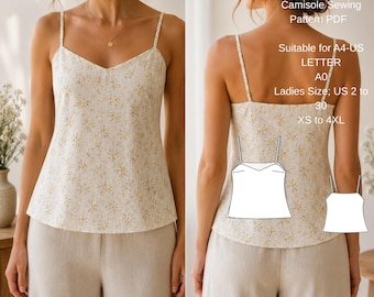 Patrón de costura en PDF para camisola / Blusa con escote en V y tirantes finos / Camisola de lino para verano / Tallas estadounidenses 0-30