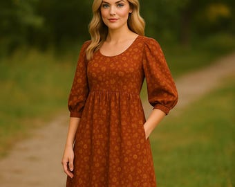 Patrón de vestido largo estilo cottagecore / Mangas abullonadas con estampado floral en tonos óxido / PDF de costura para mujer