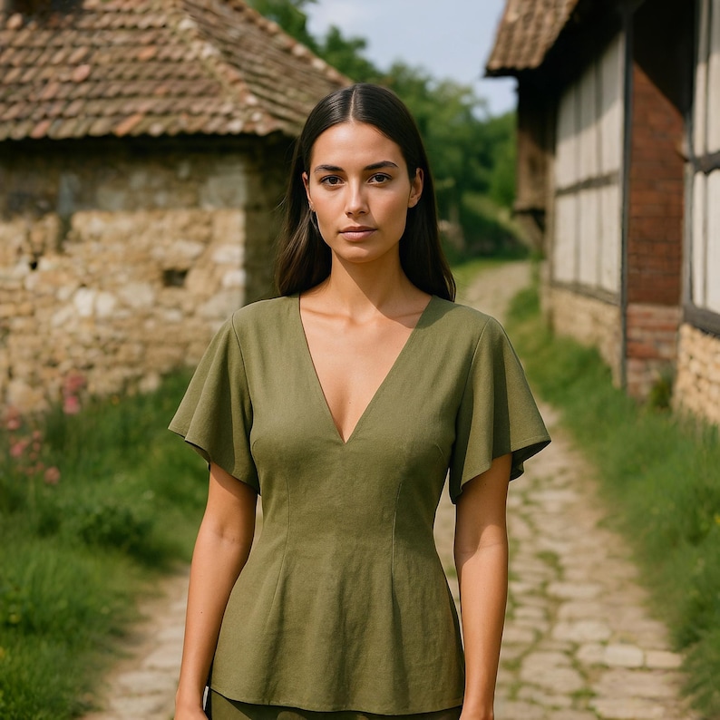 May include: An olive green top with a deep V-neck and short, flared sleeves. The top is made of a textured fabric and is worn by a person standing on a stone path. The background features old buildings and greenery.