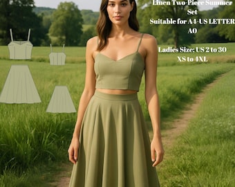 Crop Top and Half Circle Skirt Sewing Pattern | 2-Piece Summer Set | PDF Download | Beginner-Friendly | A0 + A4/US Letter Sizes
