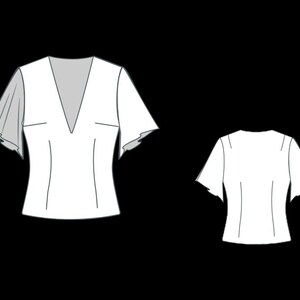 May include: White top with a V-neck and short, flared sleeves. The design includes a front view and a back view of the garment, showcasing the shape and style of the top. The sleeves have a unique, flowing design.