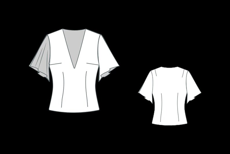 May include: White top with a V-neck and short, flared sleeves. The design includes a front view and a back view of the garment, showcasing the shape and style of the top. The sleeves have a unique, flowing design.
