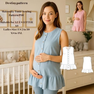 May include: A light blue maternity tunic with a button-down front and a ruffled hem. The image includes a sewing pattern diagram and text that reads "Destinypattern, Maternity Tunic Sewing Pattern PDF, Ladies Size: US 2 to 30, XS to 4XL."