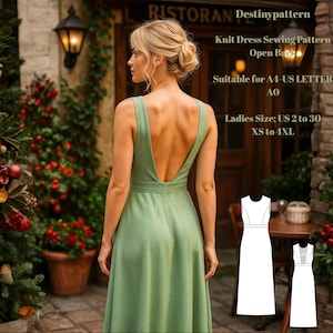 May include: A woman wearing a light green, open-back dress. The dress has a V-neck and a flowing skirt. Text on the image reads "Destinypattern Knit Dress Sewing Pattern Open Back Suitable for A4-US LETTER AO Ladies Size: US 2 to 30 XS to 4XL".