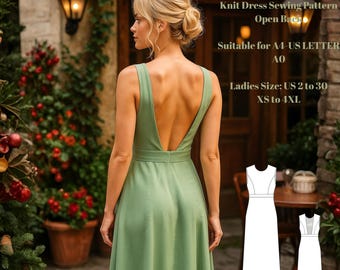 Patrón de costura en PDF para vestido largo hasta la rodilla: diseño sin mangas con espalda descubierta.