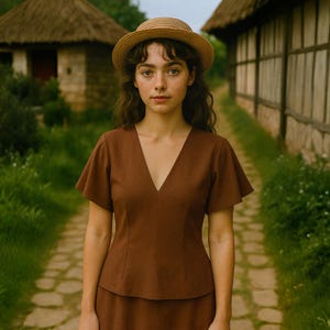 May include: A woman wearing a brown V-neck top with short, flared sleeves and a matching skirt. She is also wearing a straw hat. The background features a stone path, green grass, and buildings with thatched roofs.