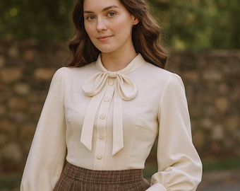 Vintage Bow Tie Blouse Sewing Pattern: Bishop Sleeve Top (PDF)